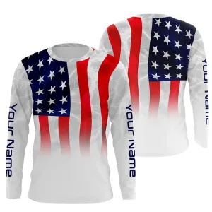 American Flag Performance Shirts, Custom Name Us Fishing Water Wave 3D Long Sleeve Shirts For Fisherman