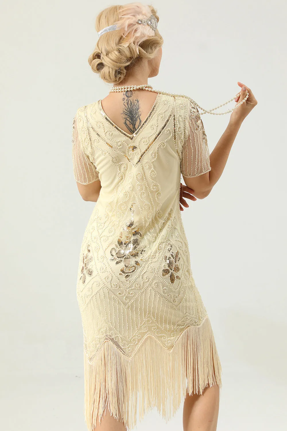 Apricot Beaded Sequin Dress with Sleeves