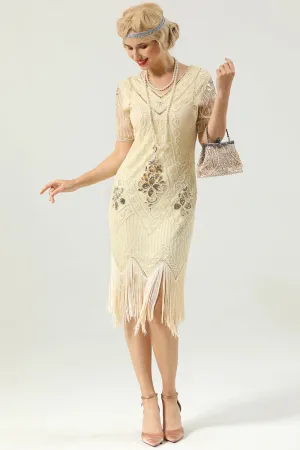 Apricot Beaded Sequin Dress with Sleeves