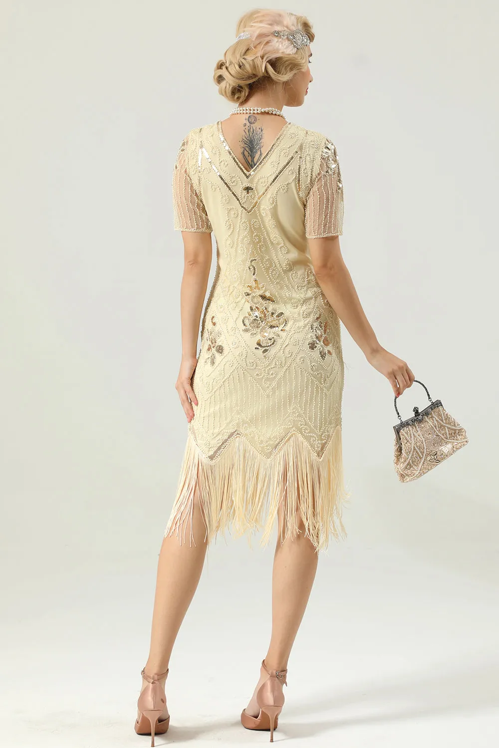 Apricot Beaded Sequin Dress with Sleeves