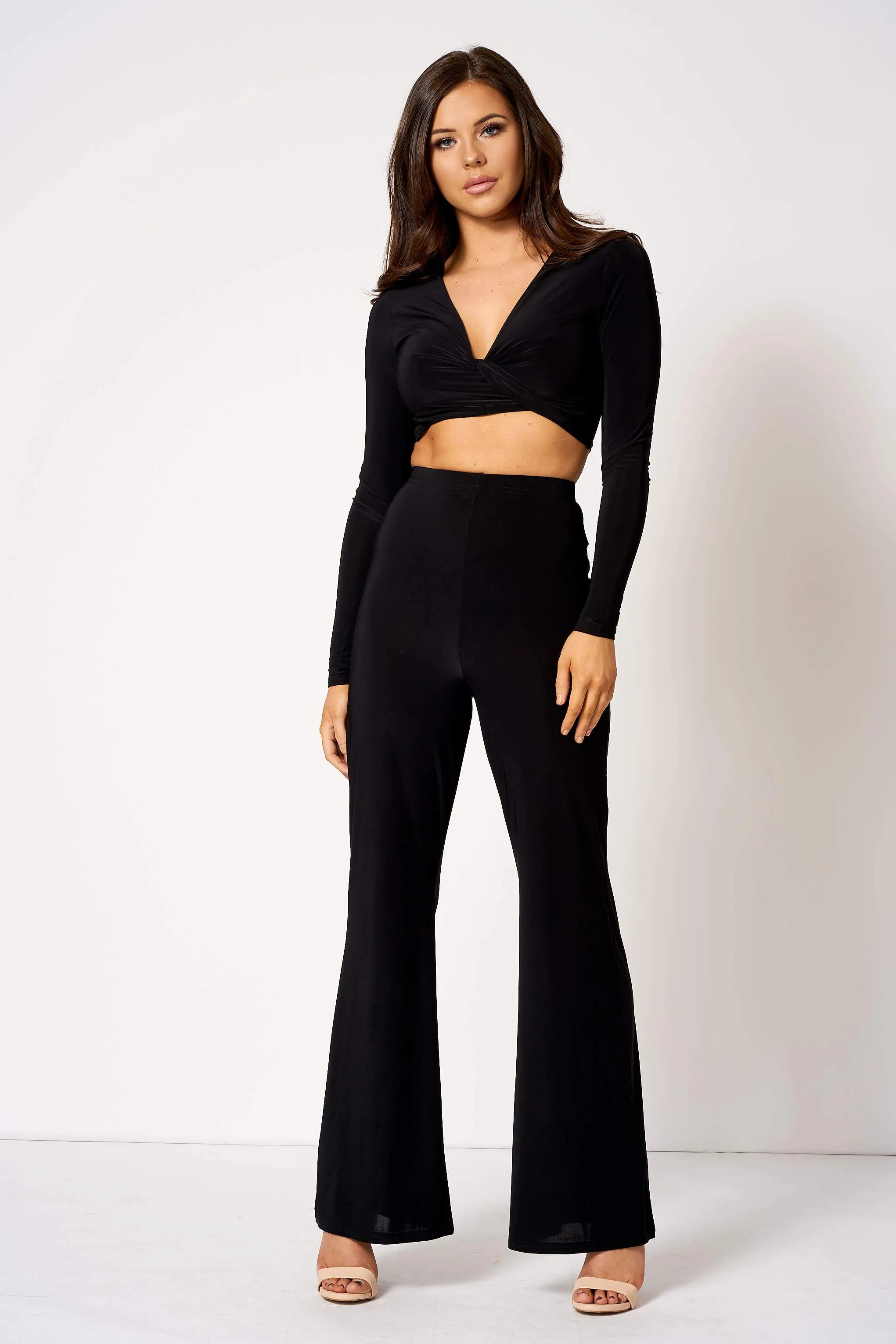 Black Slinky High Waisted Flared Trousers