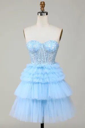 Blue Sweetheart A-Line Corset Short Homecoming Dress with Ruffles