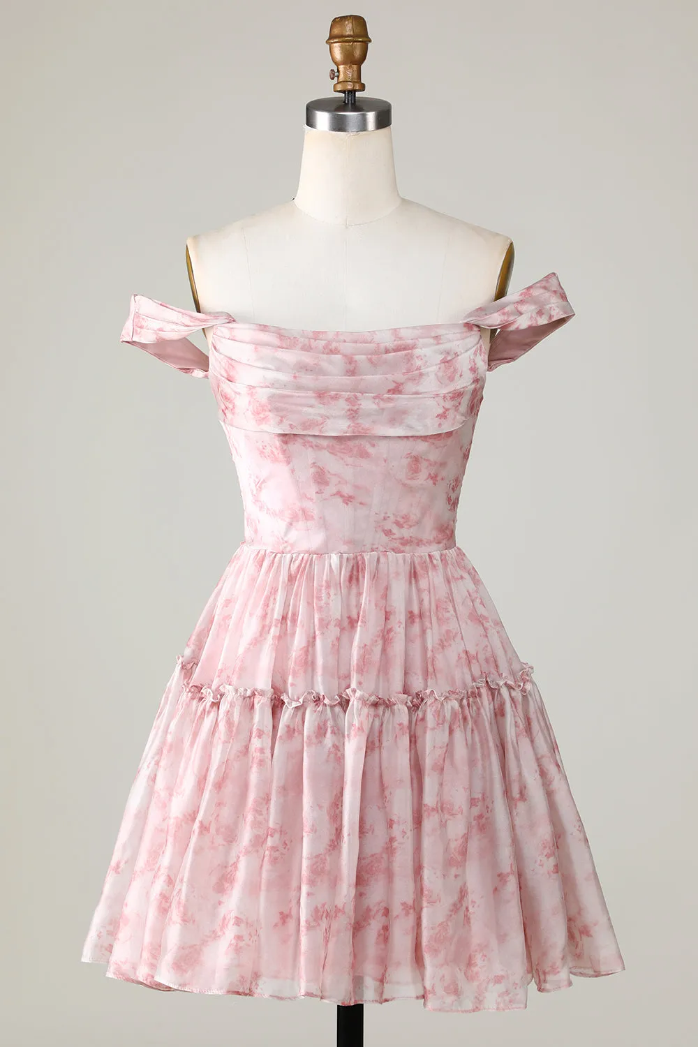 Blush Printed A-Line Homecoming Dress with Ruffles