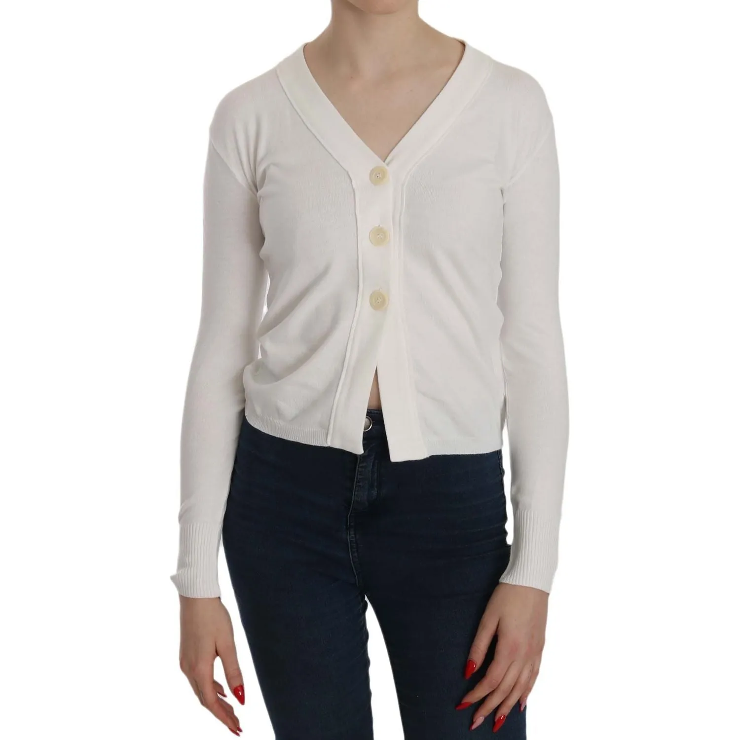 BYBLOS Elegant White V-Neck Cropped Cardigan Blouse