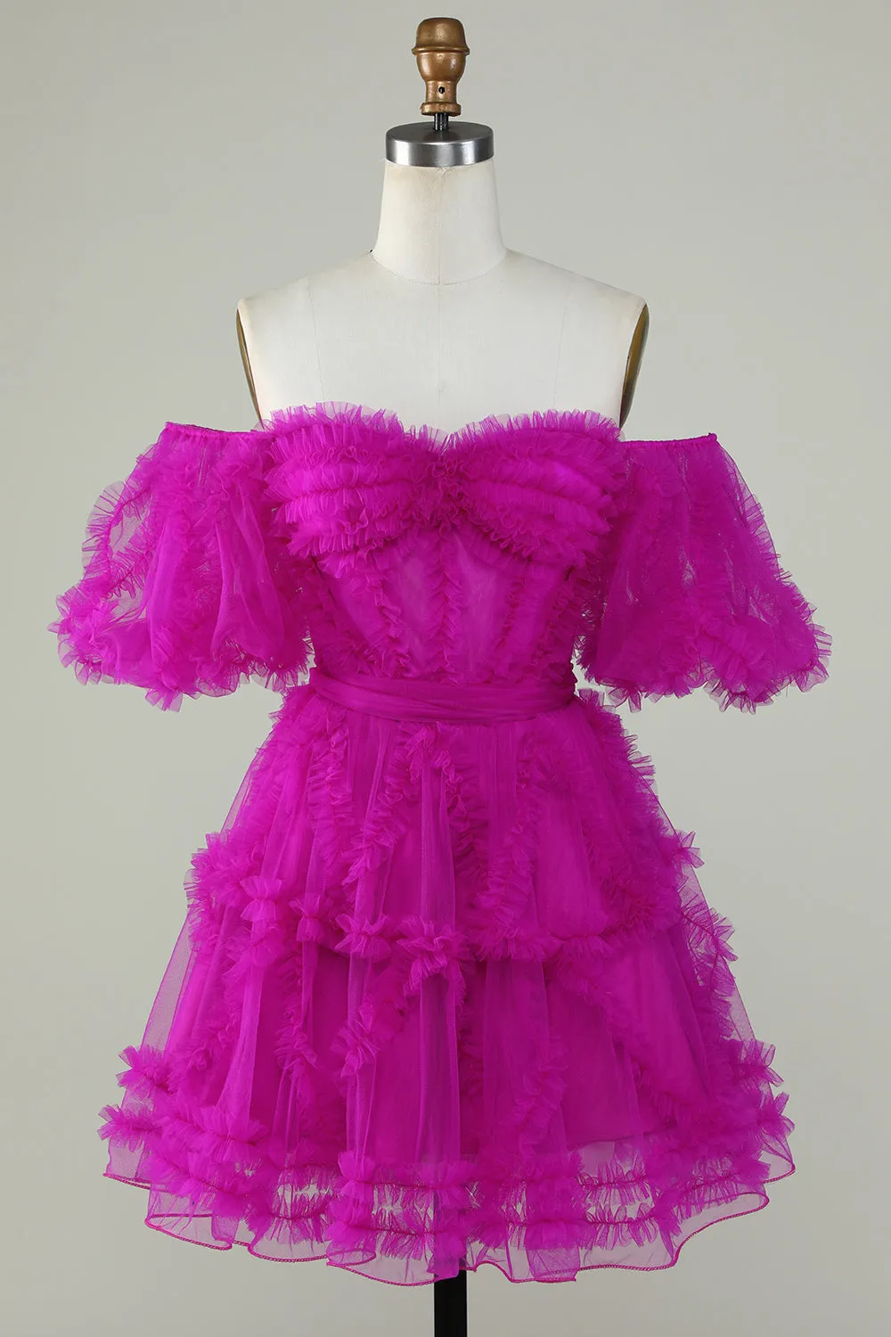 Fuchsia Off-the-Shoulder A-Line Tulle Corset Homecoming Dress