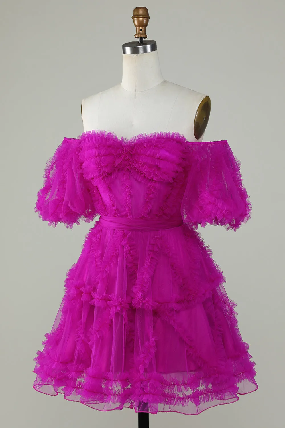 Fuchsia Off-the-Shoulder A-Line Tulle Corset Homecoming Dress