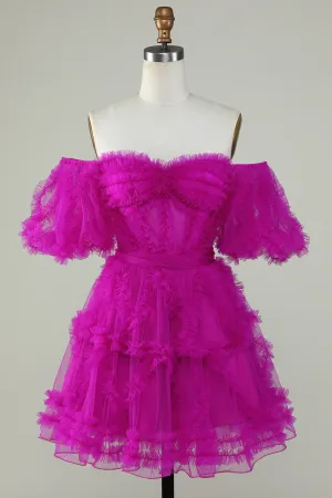 Fuchsia Off-the-Shoulder A-Line Tulle Corset Homecoming Dress