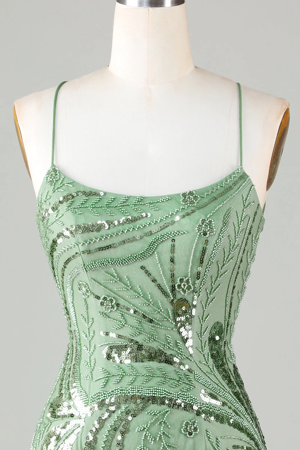 Green Sparkly Sheath Spaghetti Strap Homecoming Dress with Criss Cross Back