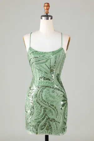 Green Sparkly Sheath Spaghetti Strap Homecoming Dress with Criss Cross Back