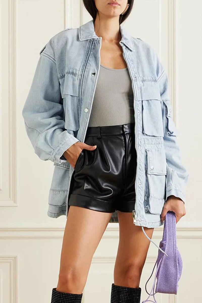 HCS1408 Utility Chic Oversized Denim Jacket Outerwear