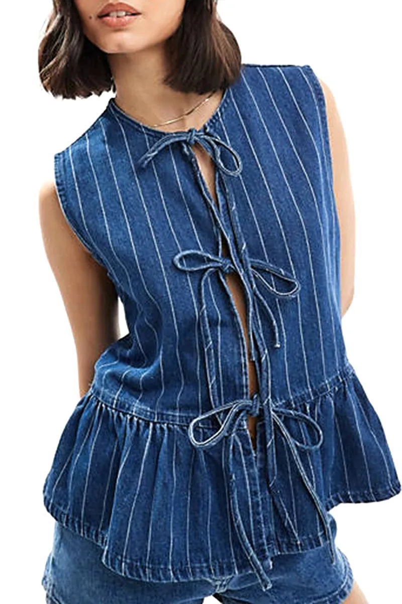 HTT1261 Striped Denim Bow-Tie Top