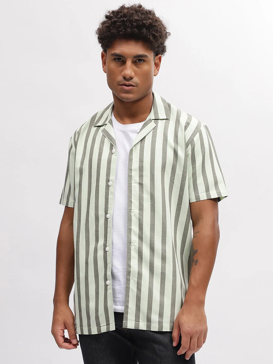 Lindbergh Men Green Striped Resort Collar Short Sleeves Shirt