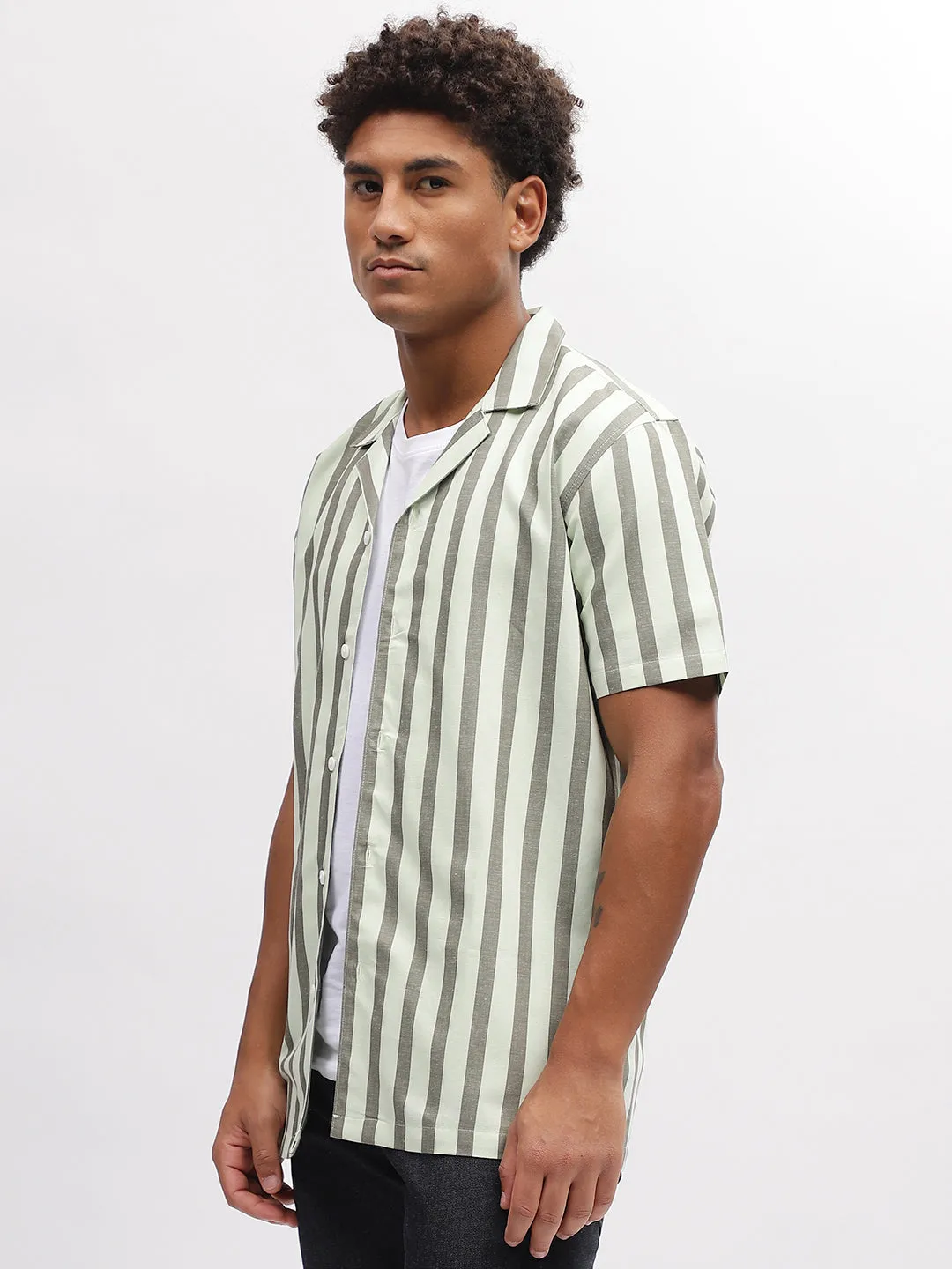 Lindbergh Men Green Striped Resort Collar Short Sleeves Shirt