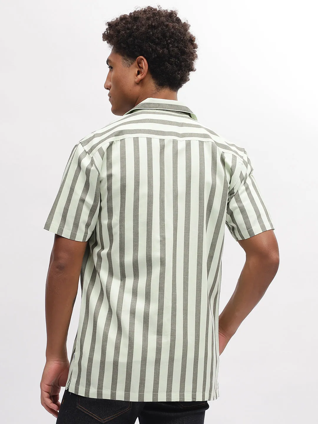 Lindbergh Men Green Striped Resort Collar Short Sleeves Shirt