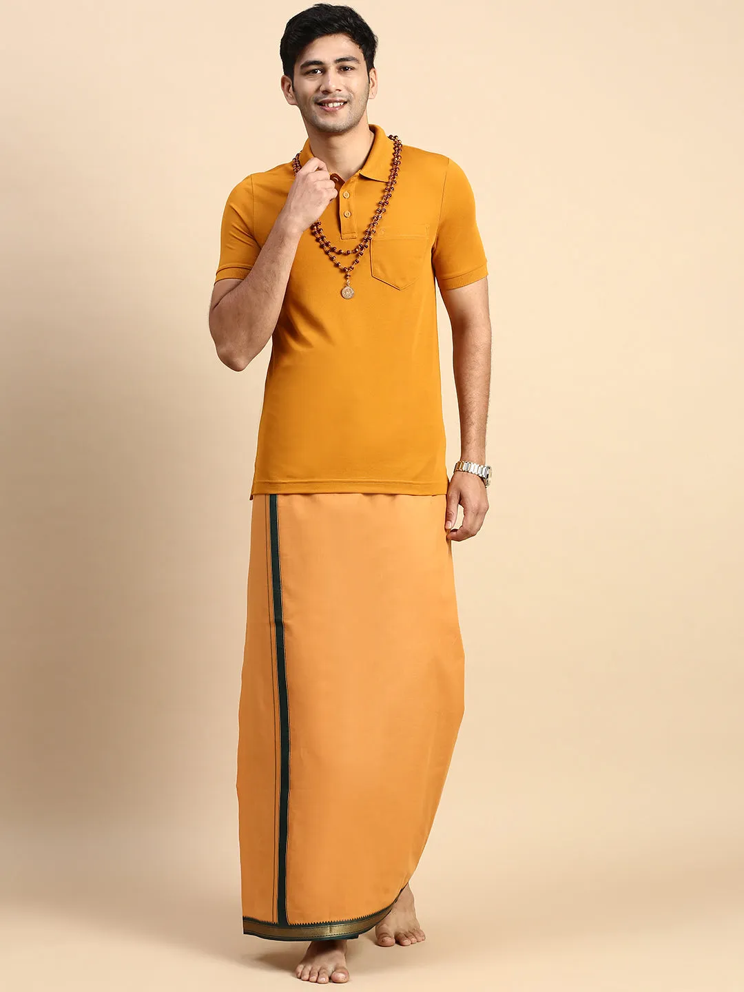 Men Devotional Mayilkhan Border Dhoti & TShirt Set Kavi EP41