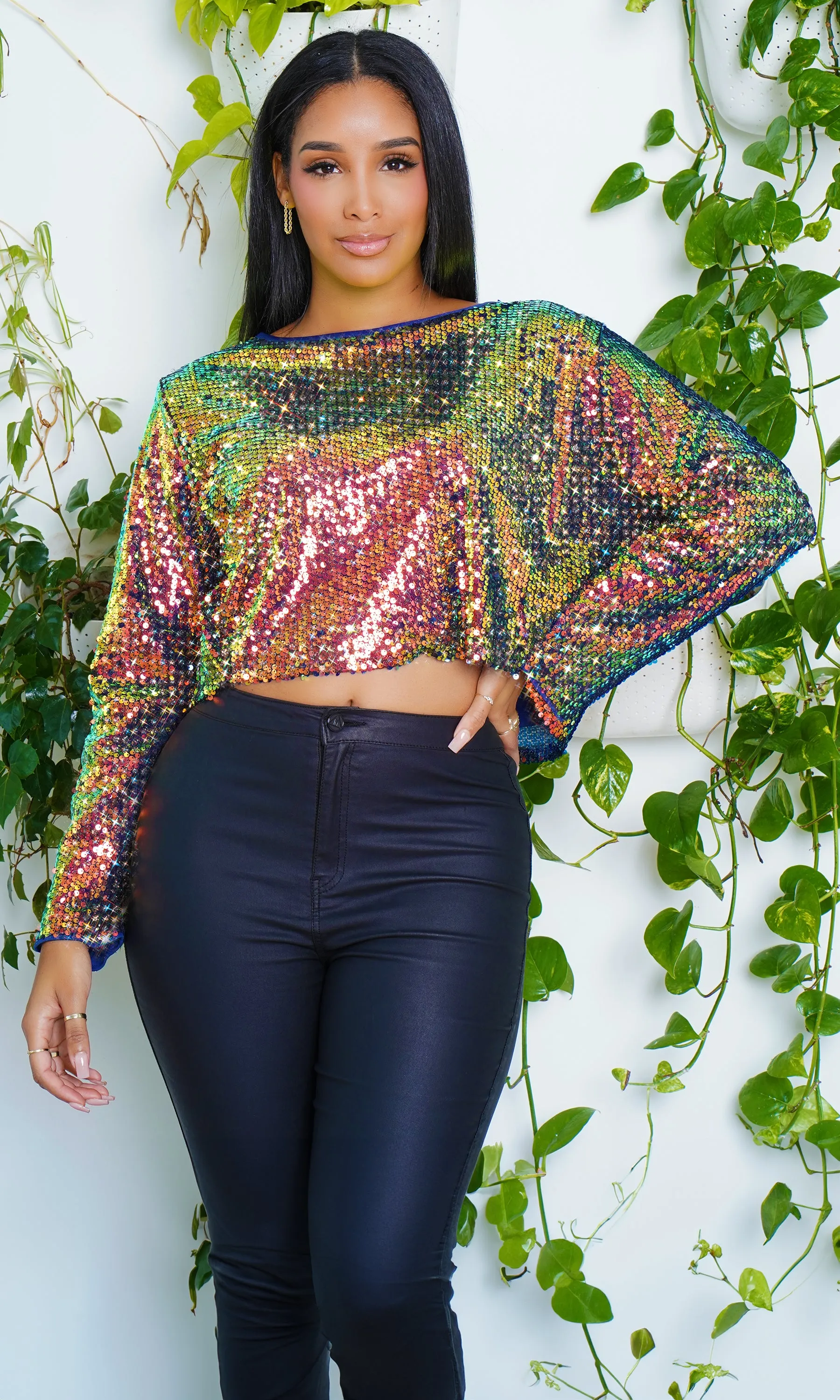 Metallic Sequin  Long Sleeve Top- Twilight