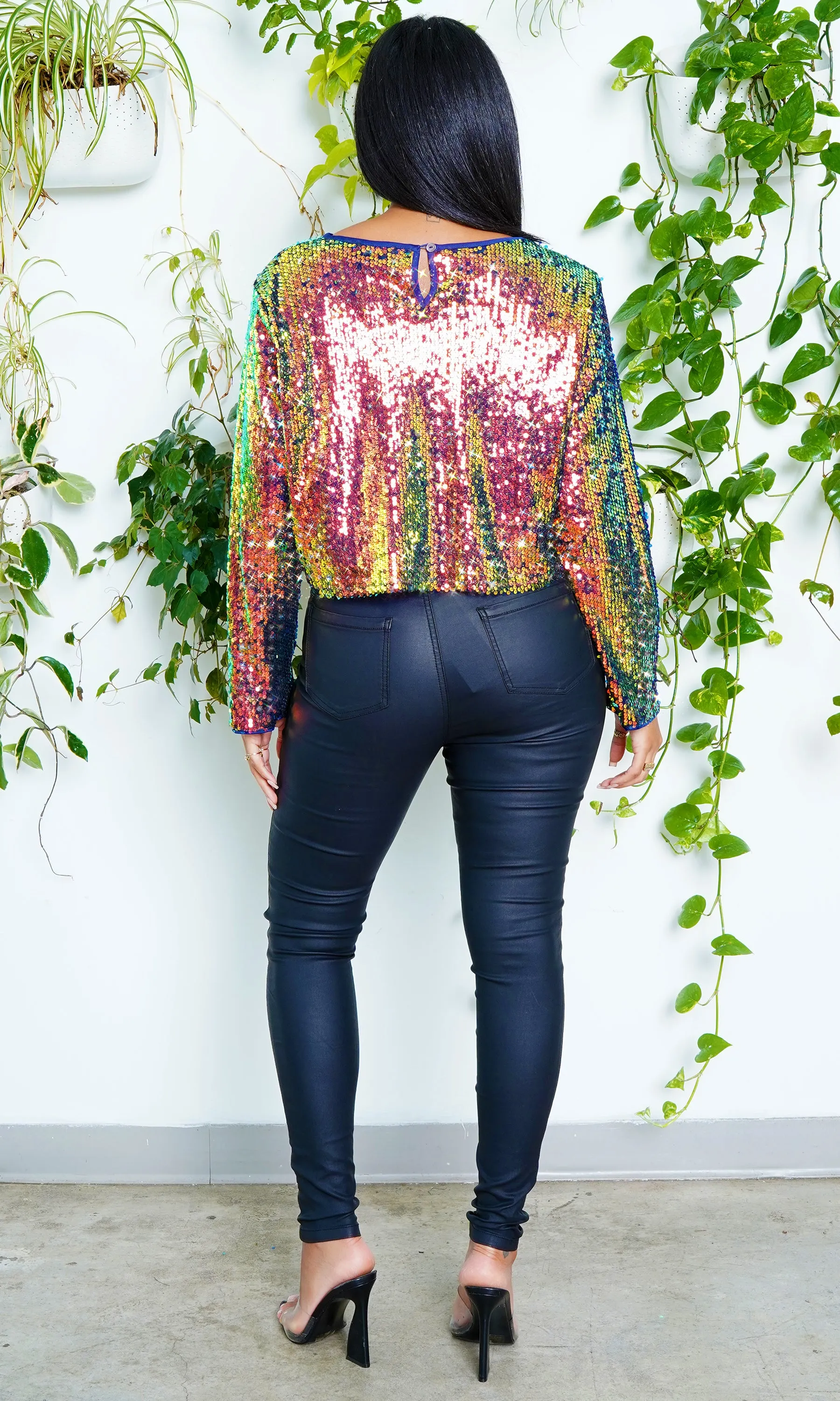 Metallic Sequin  Long Sleeve Top- Twilight