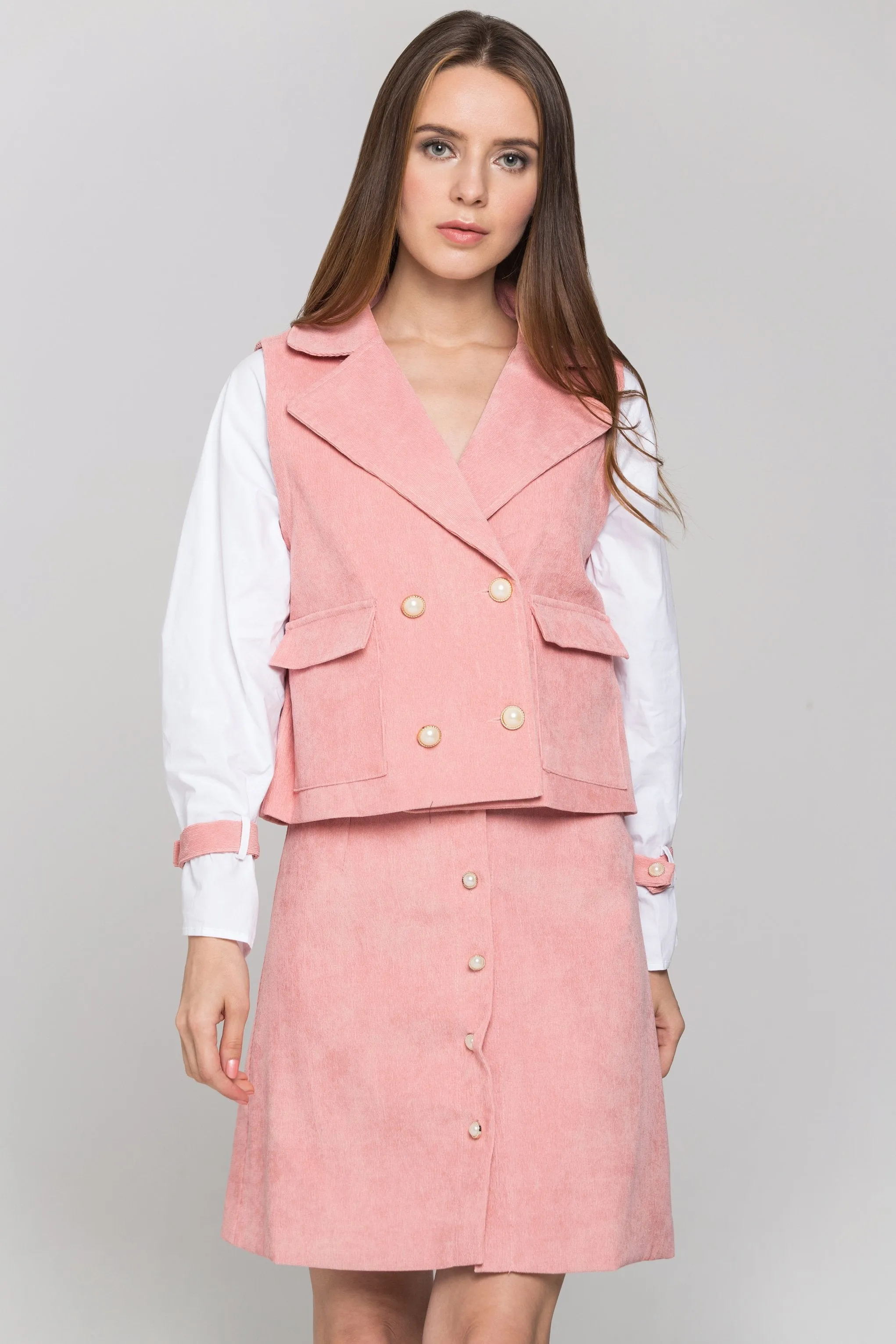 Pink Chord and White Sleeves Blazer and Skirt Set