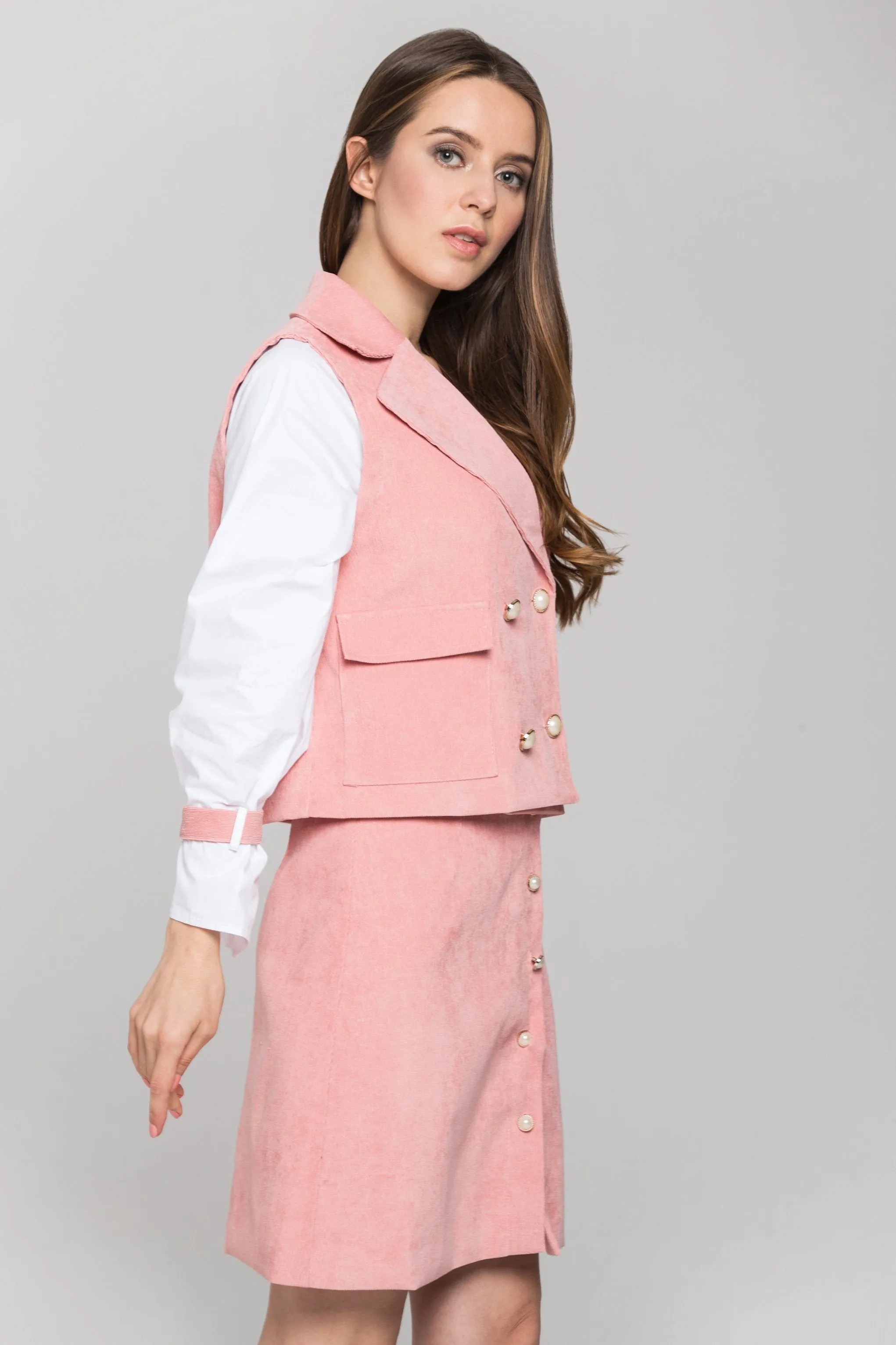 Pink Chord and White Sleeves Blazer and Skirt Set