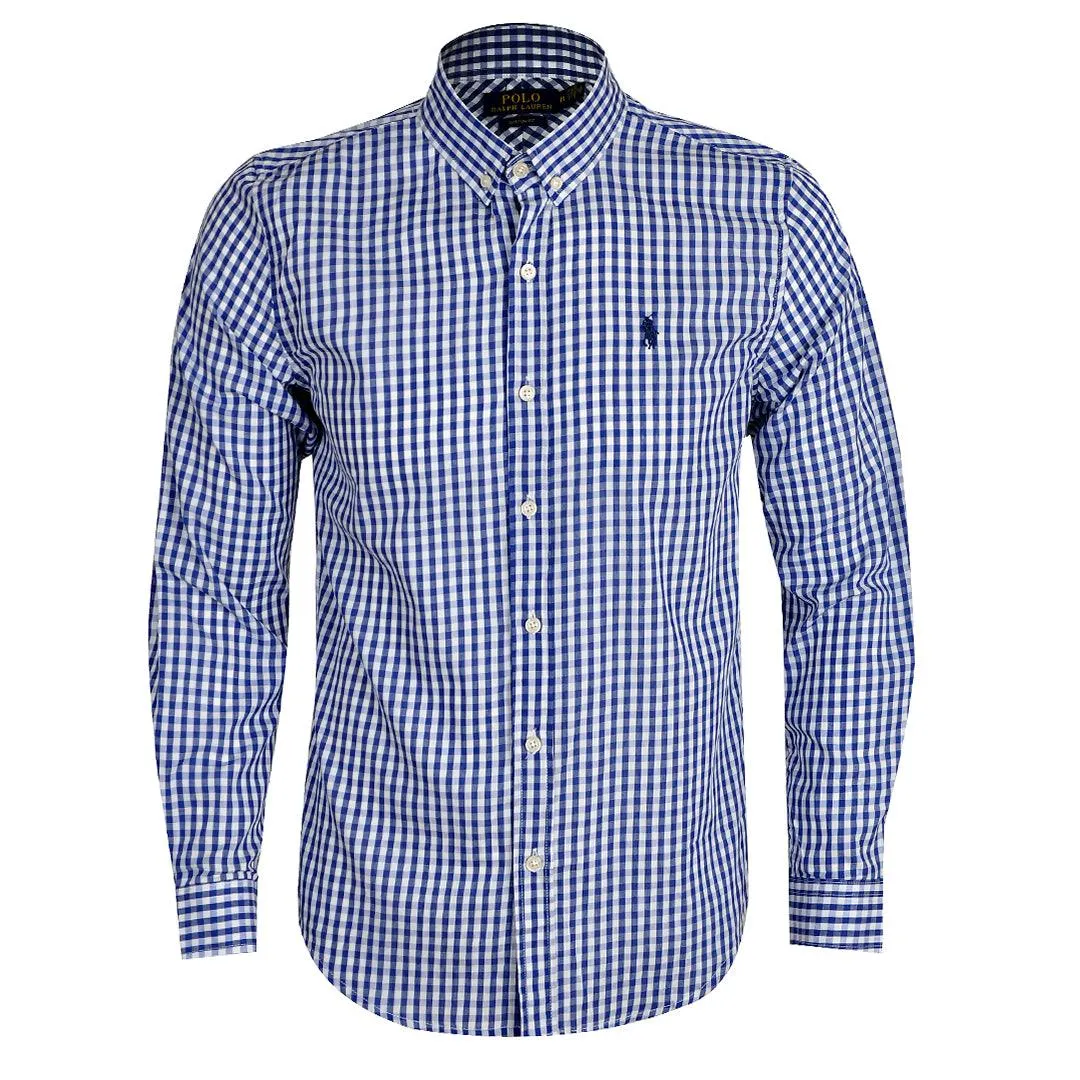 PRL Smart Light Weight Checkboard Button Down Long Sleeve Shirt- Blue