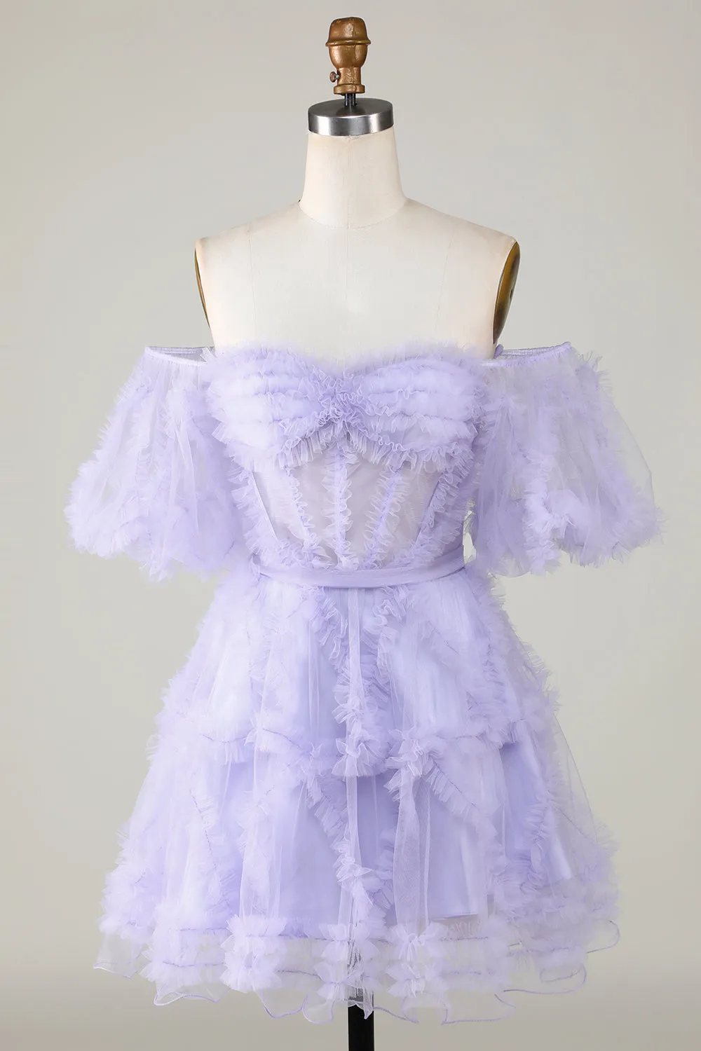 Purple Off-the-Shoulder A-Line Tulle Corset Homecoming Dress