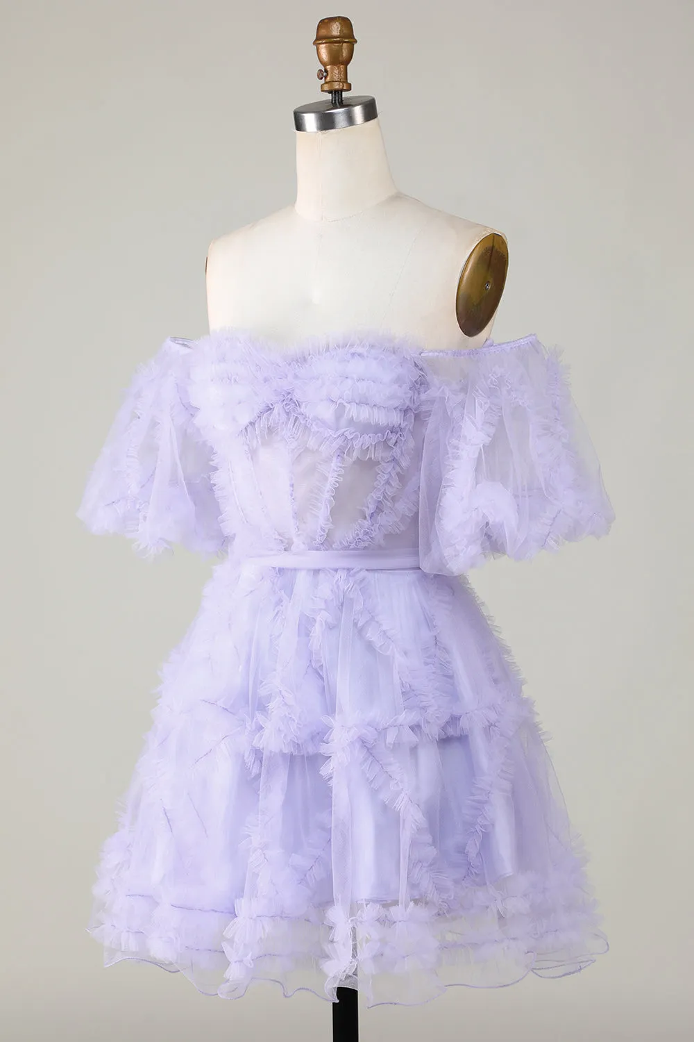 Purple Off-the-Shoulder A-Line Tulle Corset Homecoming Dress