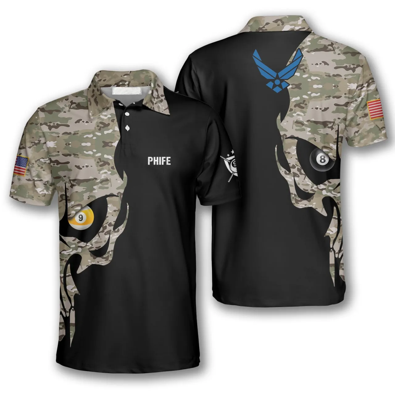 Skull Camo Air Force Logo Custom Billiard Shirts for Men, Men's Billiard Polo Shirts