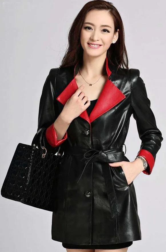 Woman Leather Overcoat Winter Sheepskin Long Slim Black Jackets