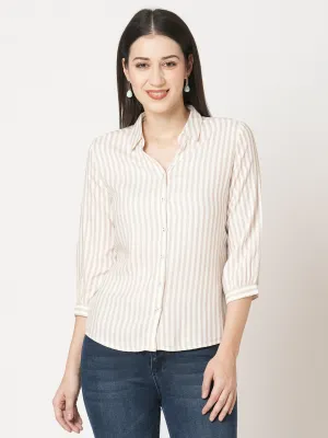 Women Slim Fit Beige-White Stripe Shirt