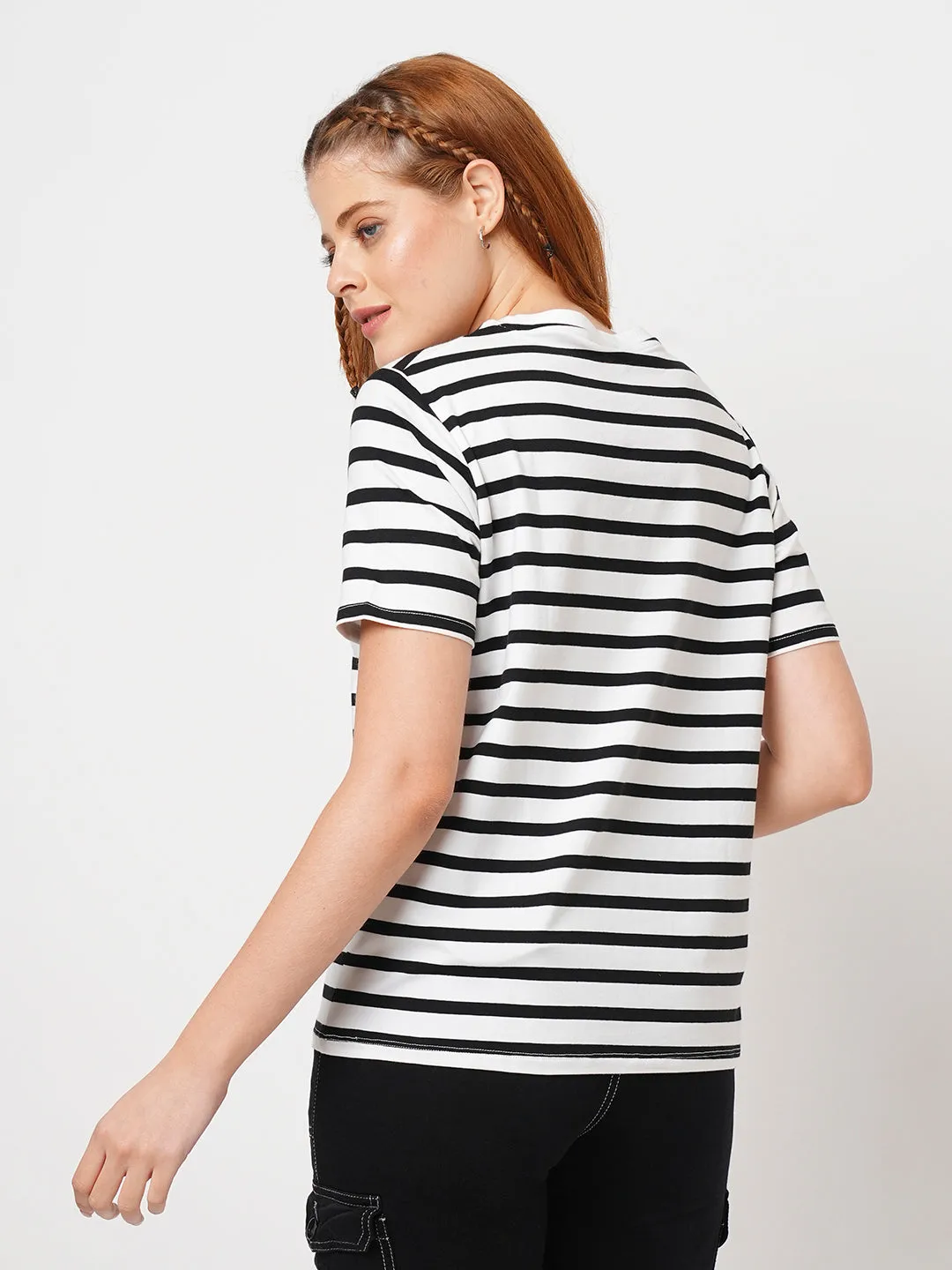 Women Slim Fit Black/White Boxy T-Shirt