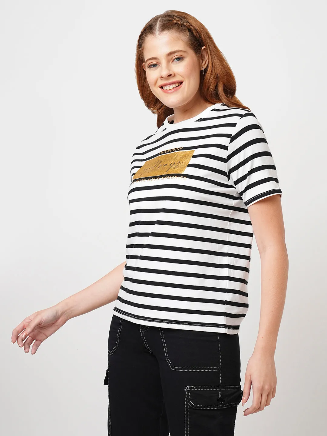 Women Slim Fit Black/White Boxy T-Shirt