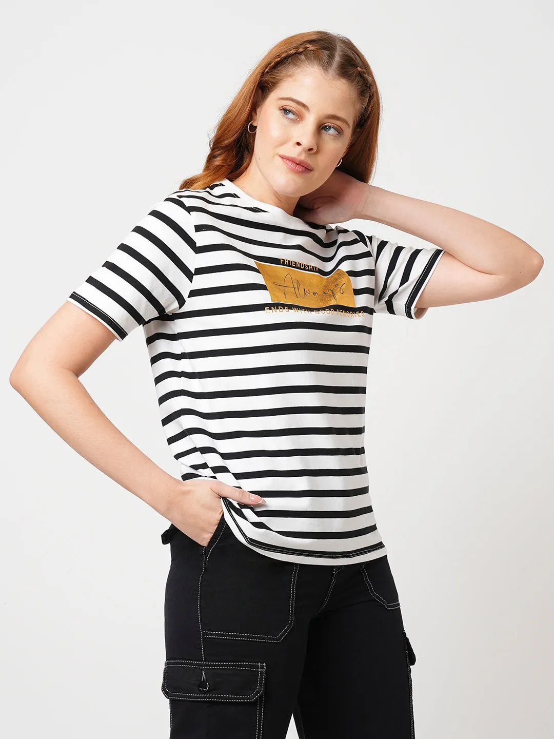 Women Slim Fit Black/White Boxy T-Shirt