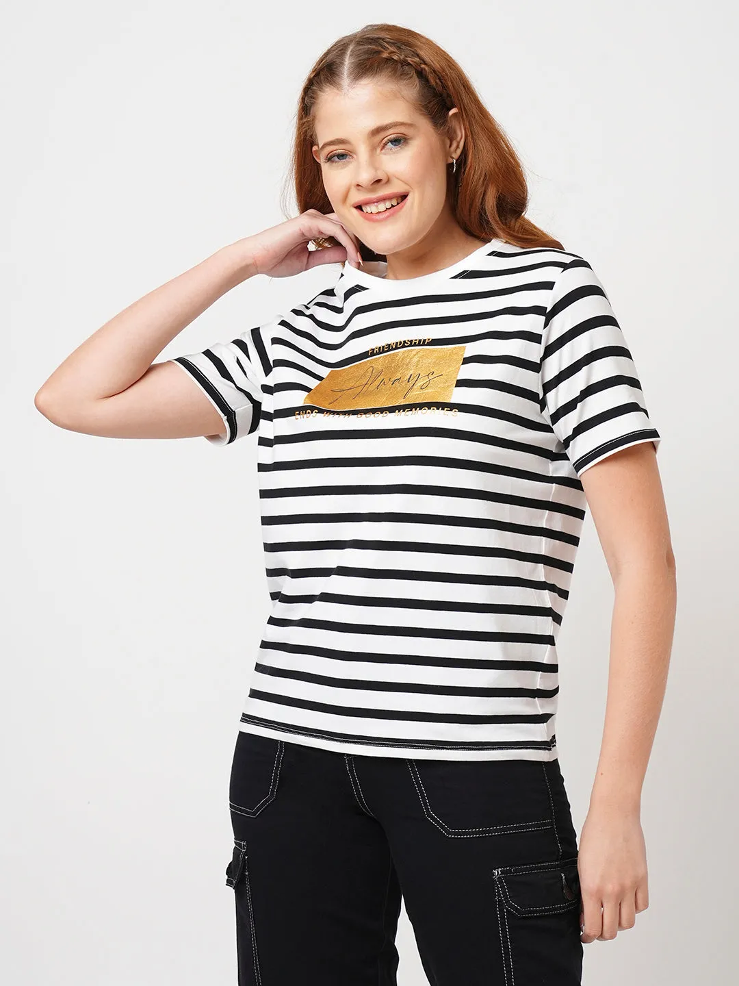 Women Slim Fit Black/White Boxy T-Shirt