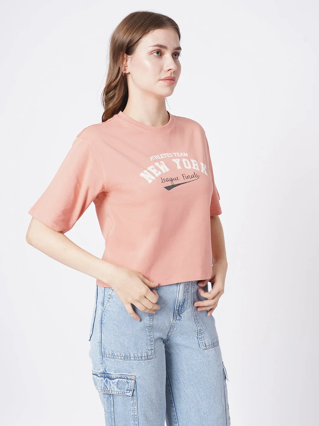 Women Slim Fit Blush Pink  Crop T-Shirt Chest Print