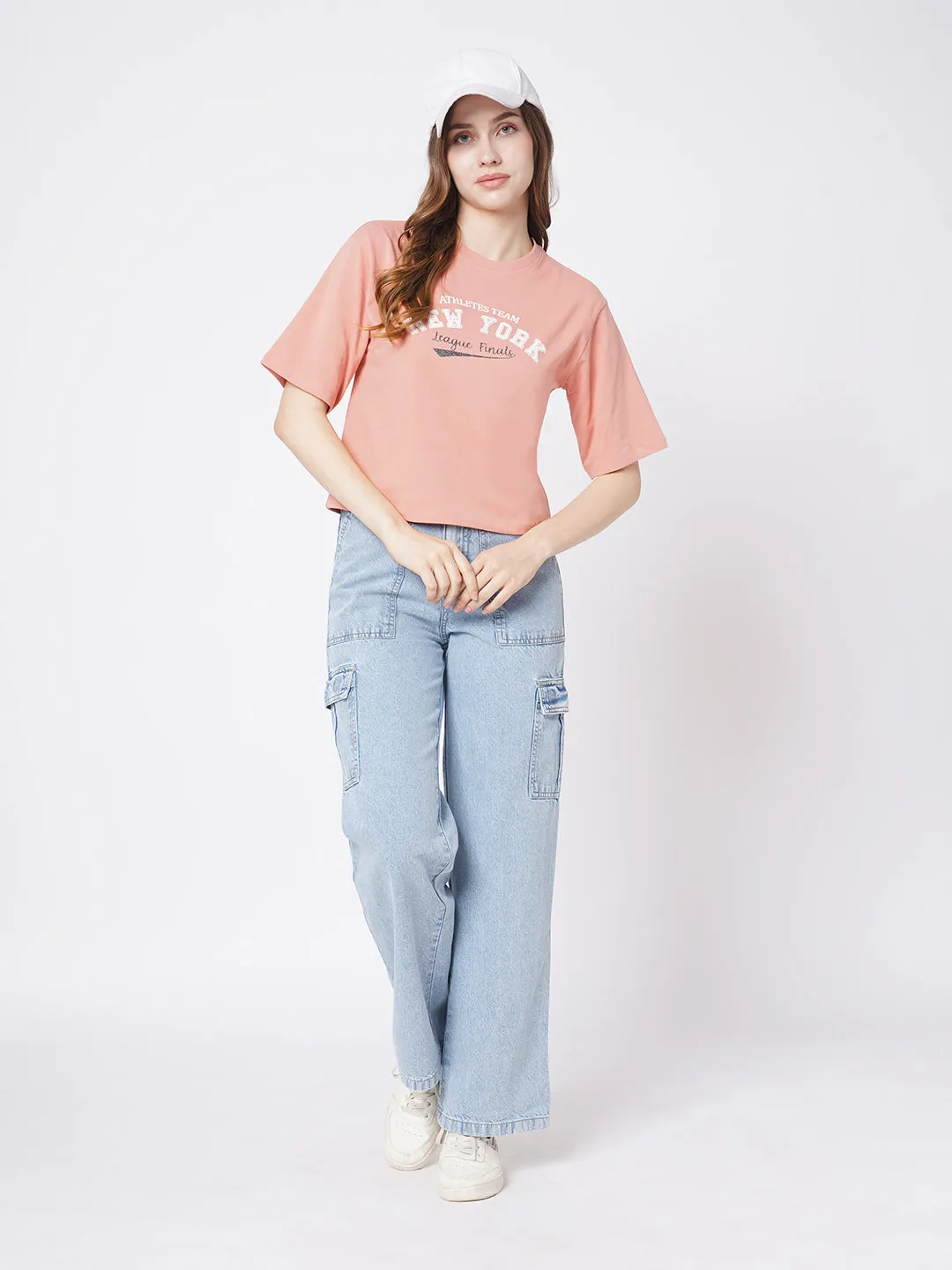 Women Slim Fit Blush Pink  Crop T-Shirt Chest Print