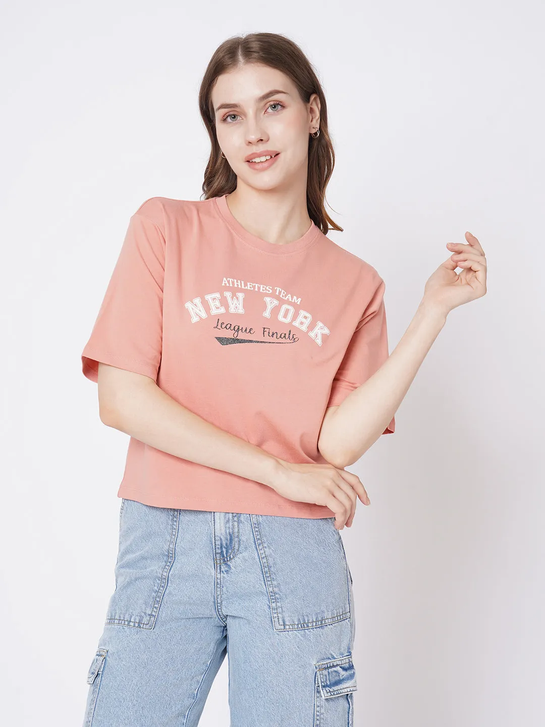 Women Slim Fit Blush Pink  Crop T-Shirt Chest Print