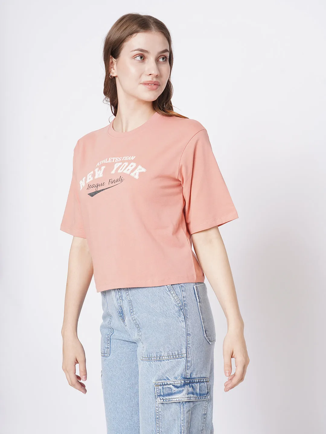 Women Slim Fit Blush Pink  Crop T-Shirt Chest Print