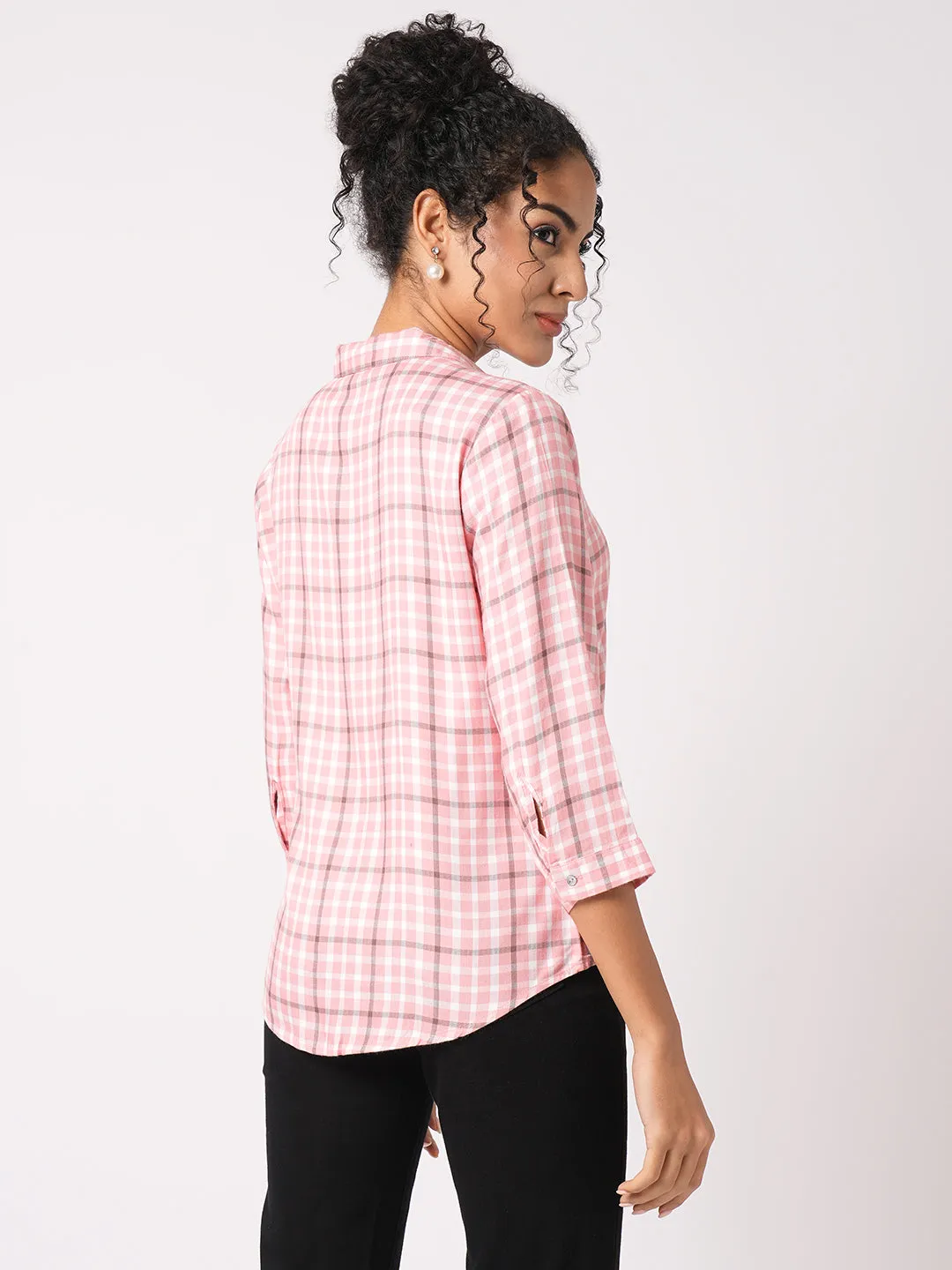 Women Slim Fit Coral/White Checks Shirt