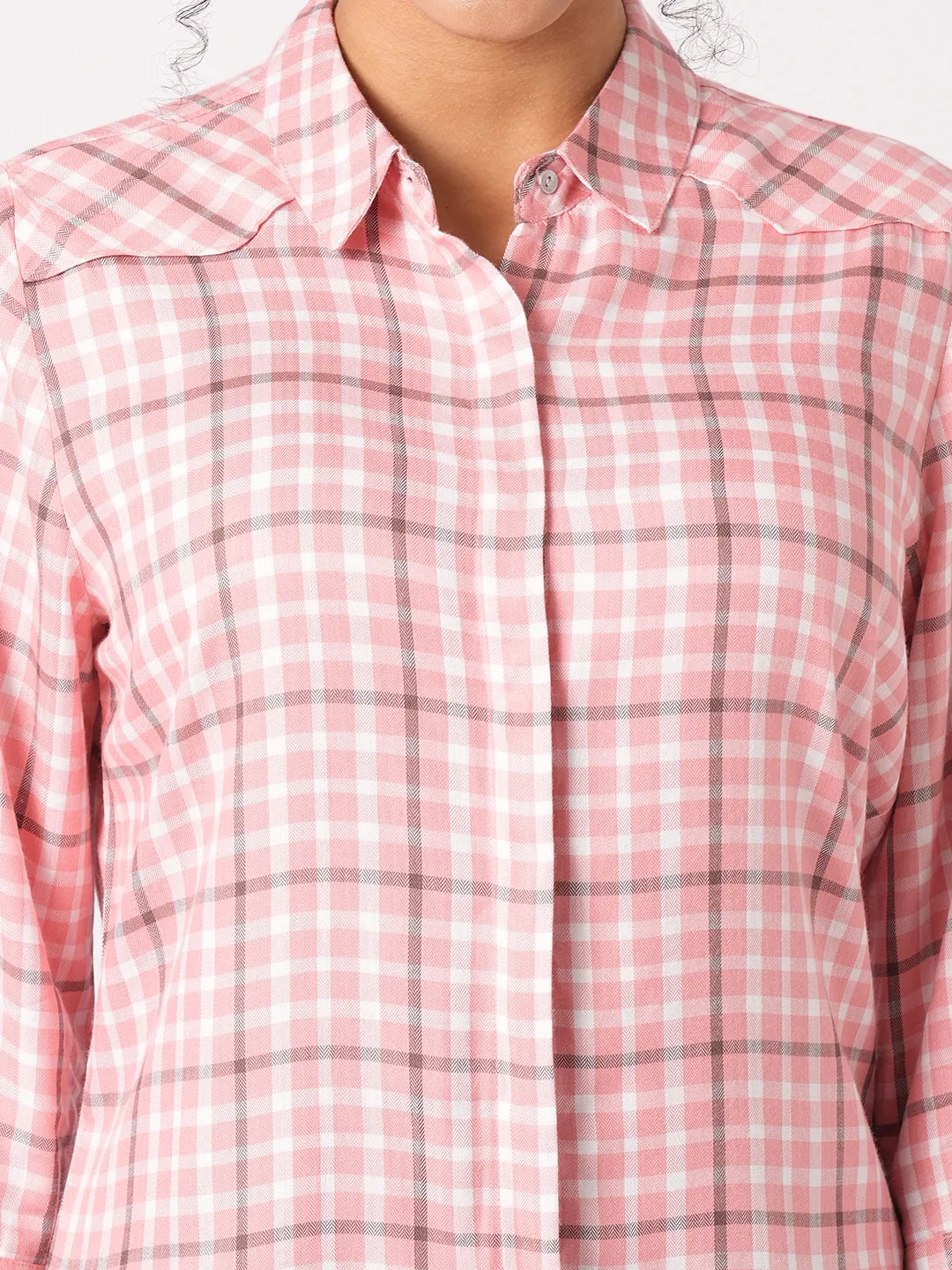 Women Slim Fit Coral/White Checks Shirt