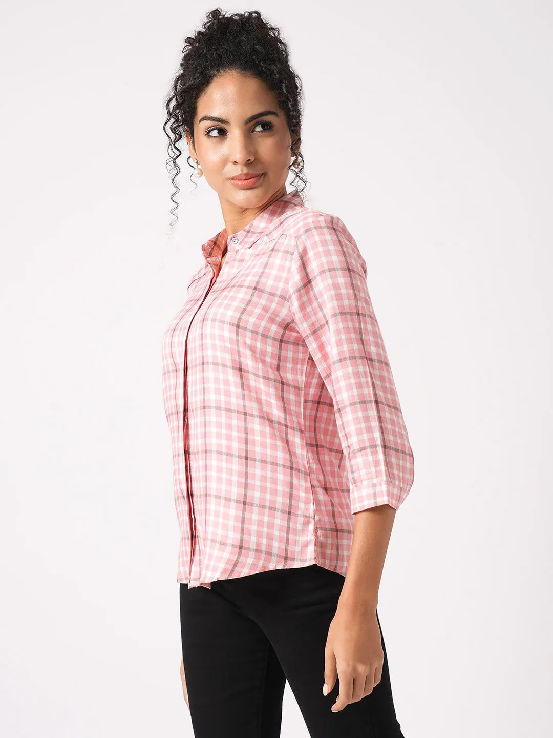 Women Slim Fit Coral/White Checks Shirt