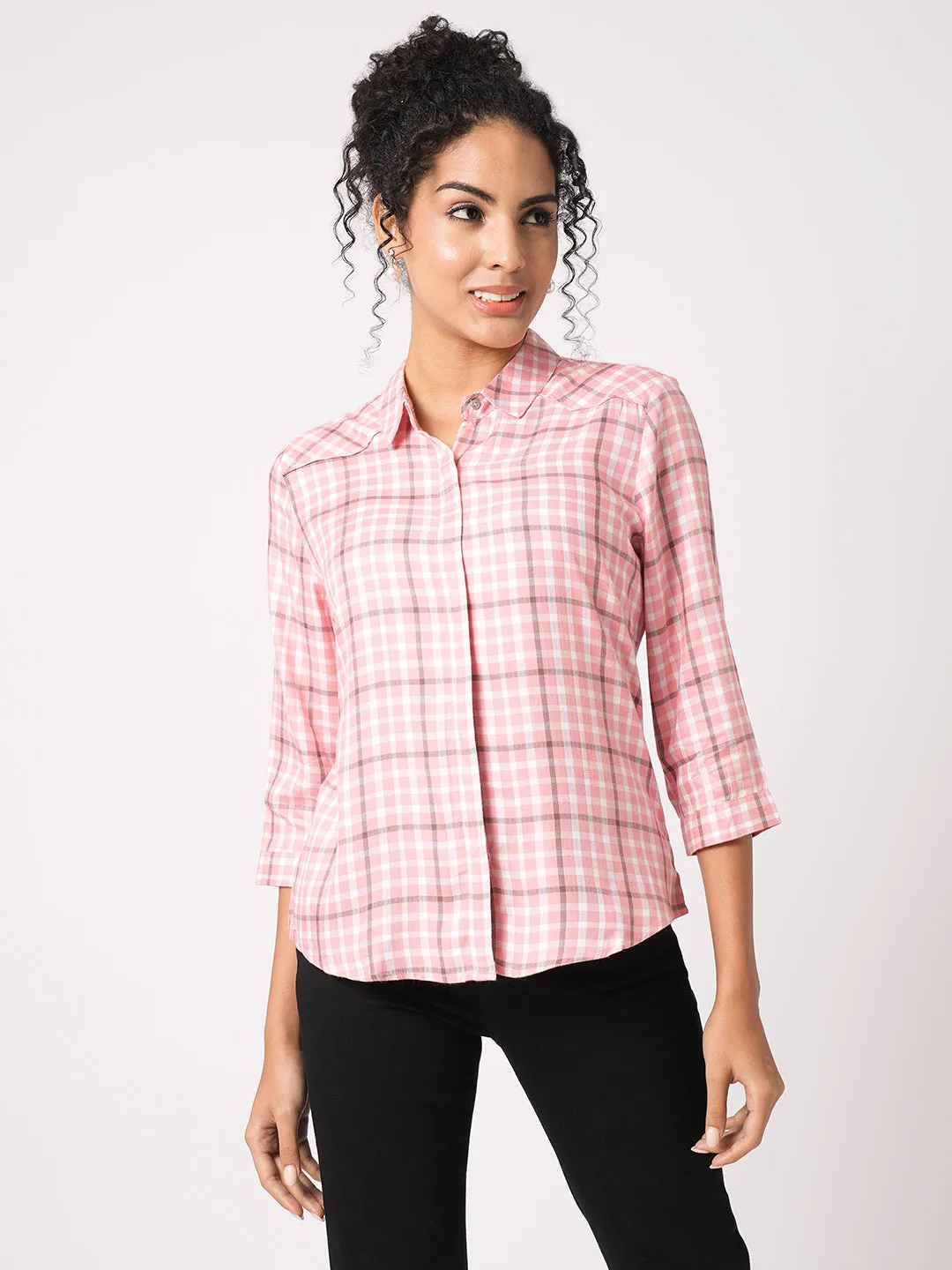 Women Slim Fit Coral/White Checks Shirt