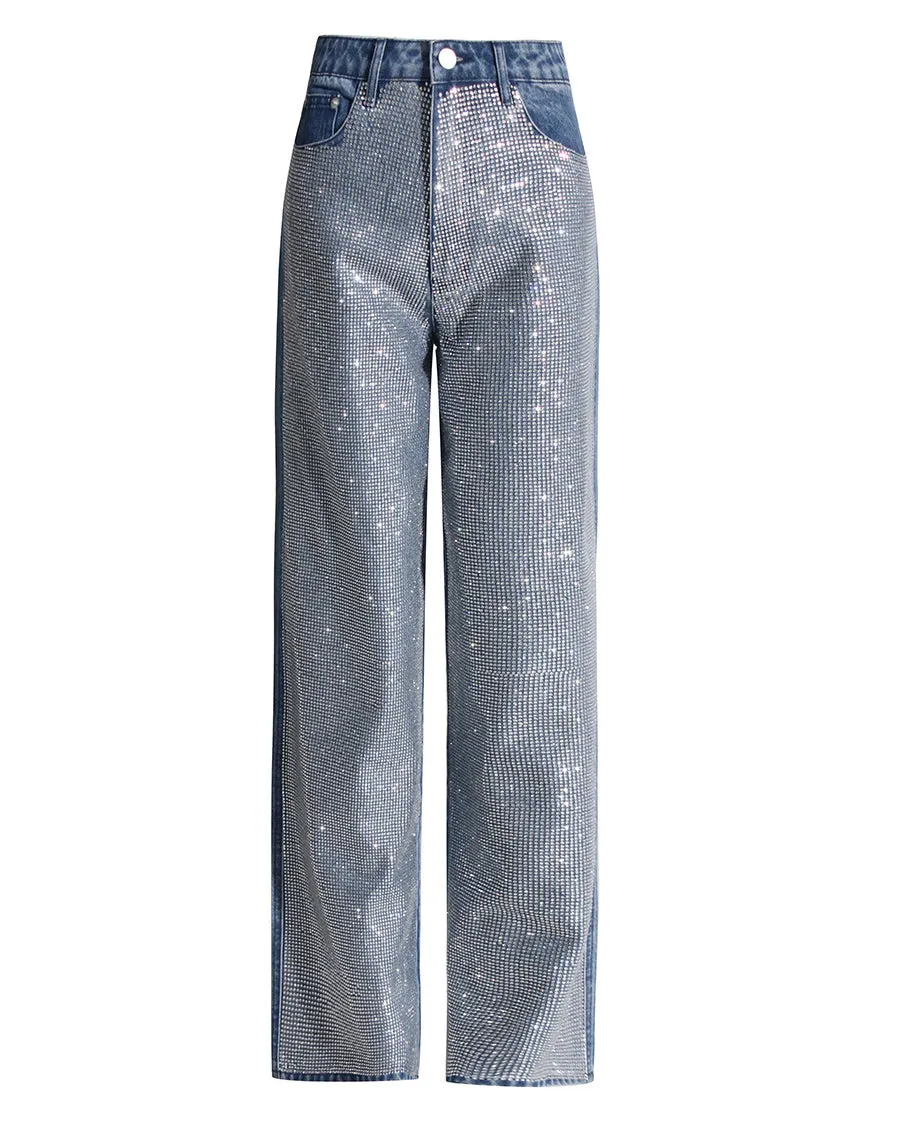 Women’s Diamond-Encrusted High-Waist Straight Casual Jeans